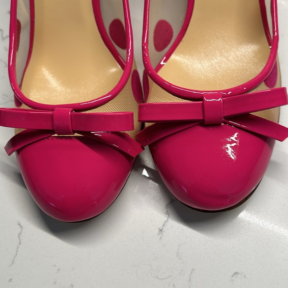 Kate Spade Pink Polka Dot with Mesh and Pink Bow Accents. 2 Inch Heels/Pumps. - Picture 4 of 8